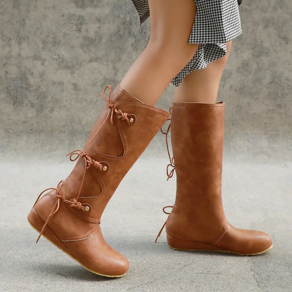 Suede mid calf boots Plus size 35-43 Retro Back laced women's Shoes with platform Casual Middle Tube boots women winter