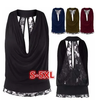 

Plus Size Women's Spring and Summer Lace Stitching Sexy Open Back Halter Vest T-shirt