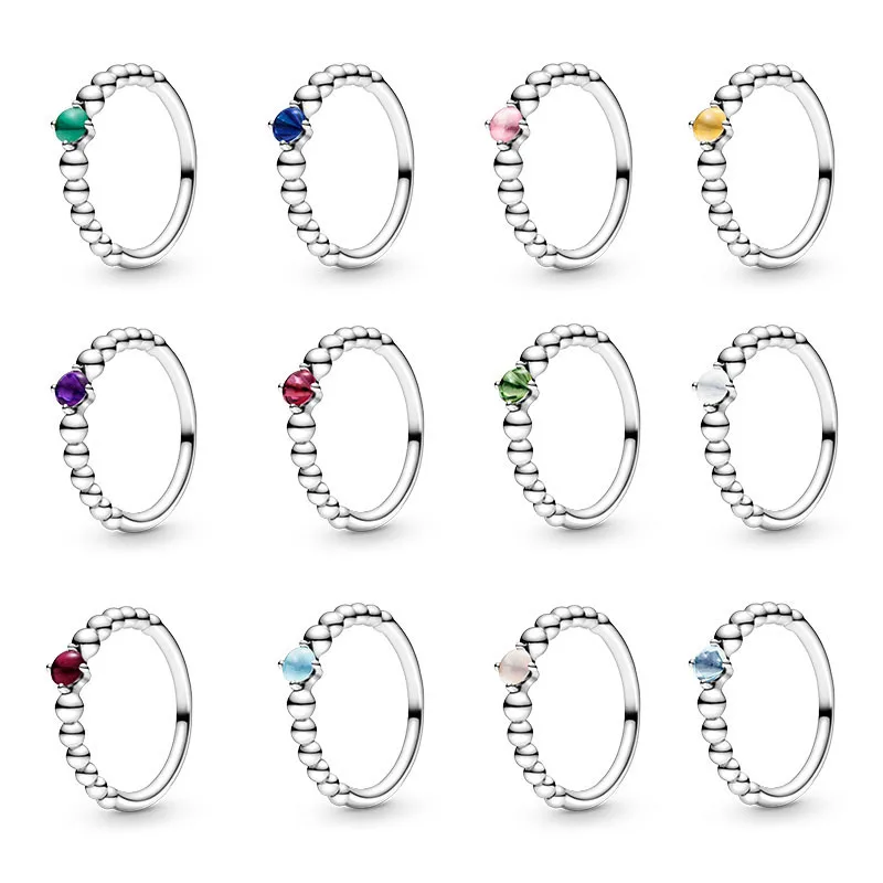 Free shipping Authentic 925 Sterling Silver Birthstone Ring Diy Round Shape 12 Color Finger Ring For Women Wedding Party Jewelry
