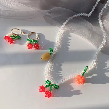 

HUANZHI 2020 New Korean Acrylic Transparent Beaded Colorful Bead Flowers Cherry Pendant Fruit Necklace for Women Jewelry Gifts