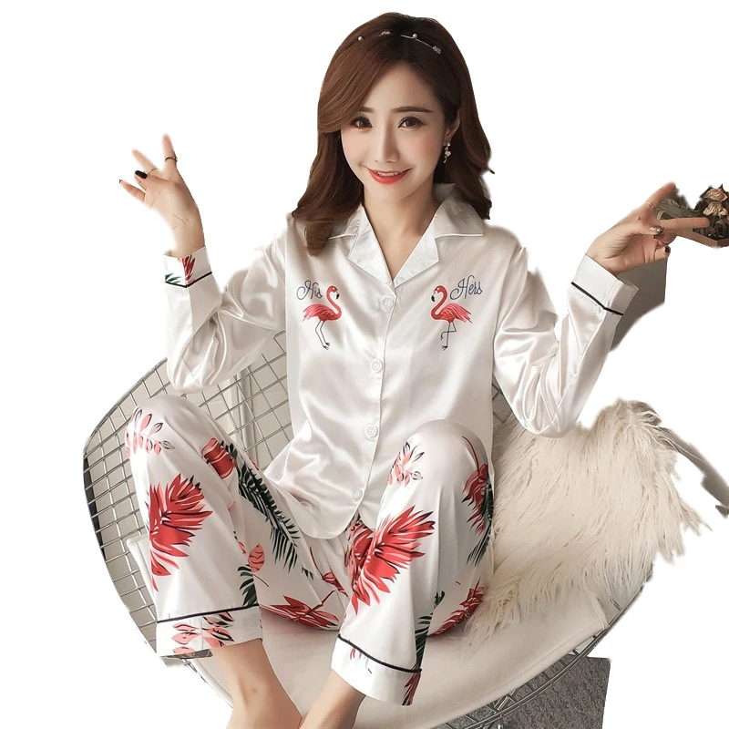 

Autumn Winter 2020 New Women Pyjamas Silk Long Tops Set Female Pajamas Set NightSuit Sleepwear Sets Long Pant Women