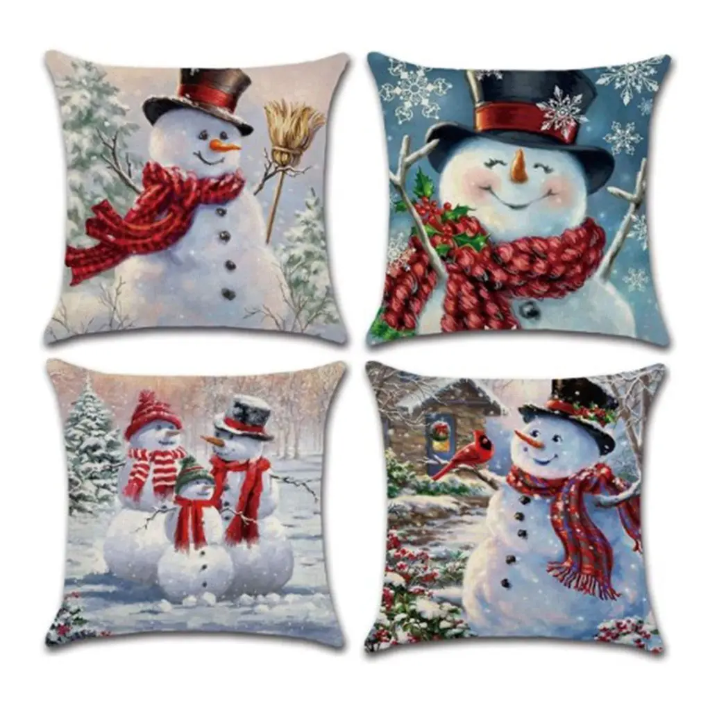 

4pcs/set Christmas Decorative Pillow Case With Polyester Printing On Christmas Snowman Square Cushion Cover