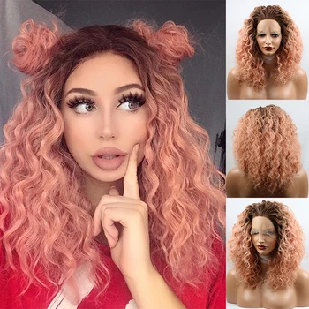 

Fantasy Beauty Short Bob Lace Front Wig Ombre Peach Pink Curly Synthetic Lace Front Wig Glueless Short Curly Bob Makeup Wigs