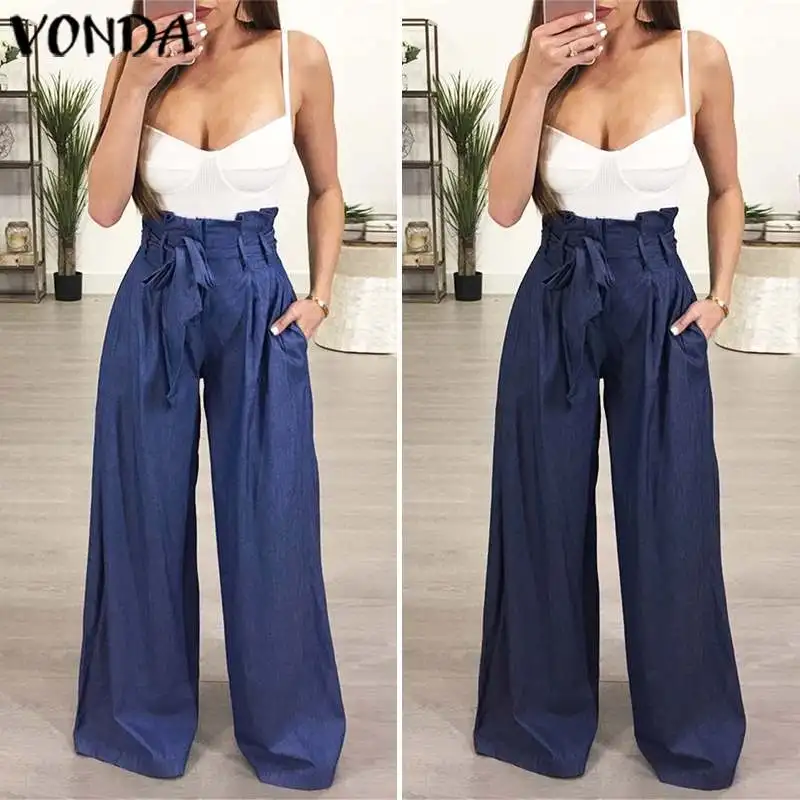 Pantalones elegantes para mujer VONDA otoño Oficina señoras pantalones con cinturón pierna ancha pantalones Pantalon femeninas talla grande| Pantalones y pantalones capri| - AliExpress
