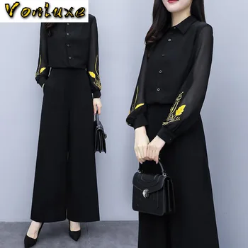 

2 Two Piece Blouses And Sets 2020 Spring Summer Elastic Waist Stripe Chiffon Wide Leg Pants Office Lady Pantsuit Plus Size