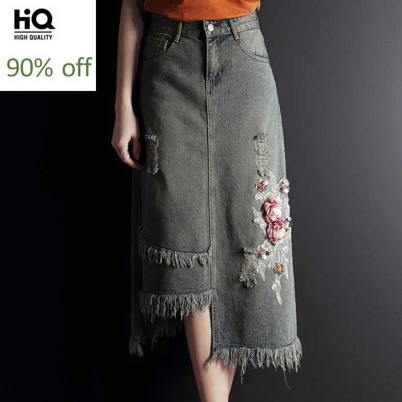 

Spring Summer Vintage Embroidery Sequins Women Denim Skirts High Waist Hole Ripped Tassel Slim Asymmetrical Medium Length Skirts