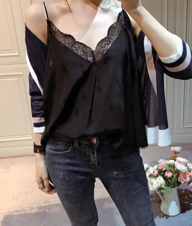 

2019 Black Silk Guitar Jacquard Embroidered Tops Fashion cami sole V-neck Lace Detail Strappy Top Woman