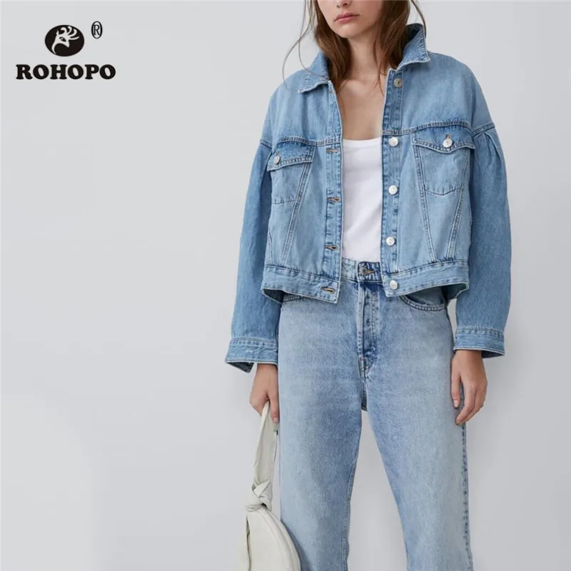 

ROHOPO Turn Down Collar Long Sleeve Chest Flaps Welted Pockets Denim Sky blue Jacket Female Autumn Washed Cotton Outwear #0109