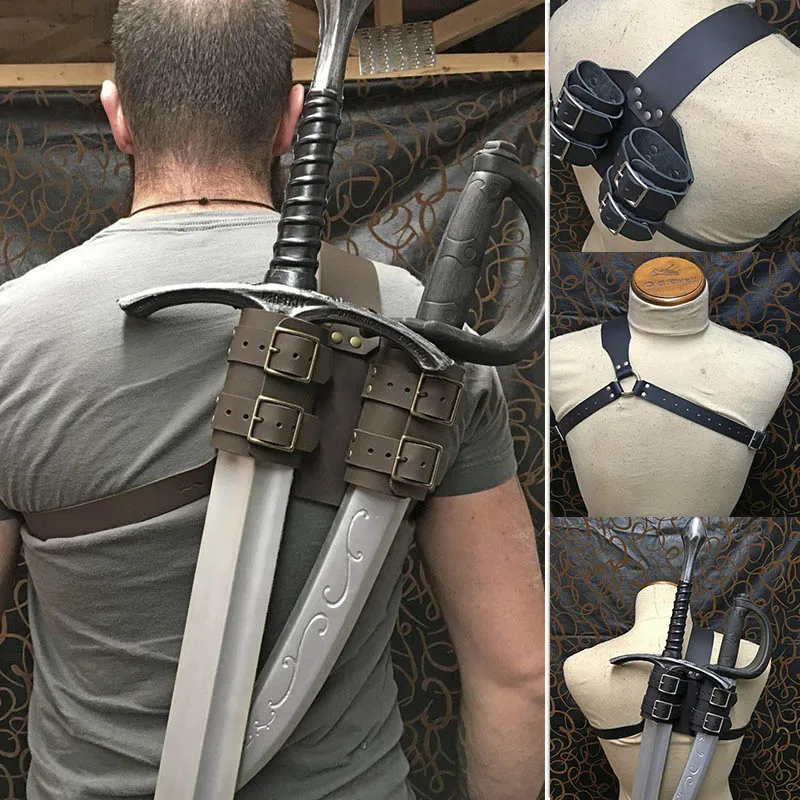 Medieval Men Double-Sword Sheath Holder Waist Belt Hanger Scabbard Warrior 