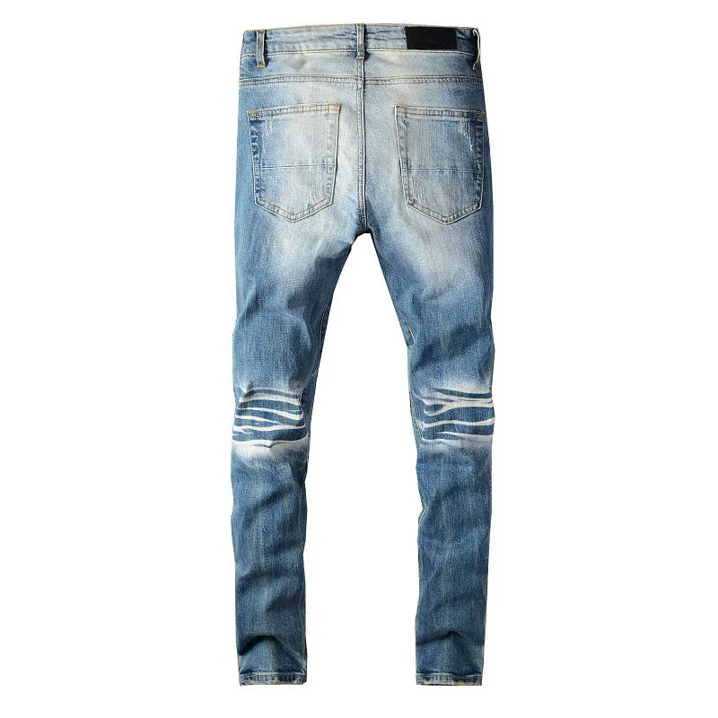 KIOVNO Men's Biker Pleated Jeans Pants Ripped Patchwork Denim Torusers For Male Size  28-40 High Street (4)