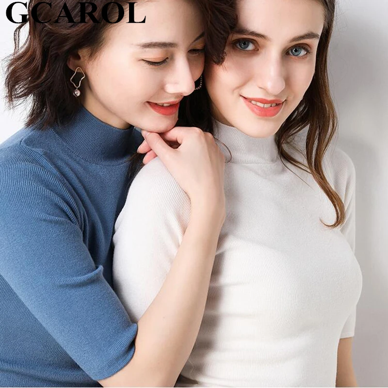 

GCAROL 2019 Women Stand Collar Half Sleeve 30% Wool Sweater Stretch OL Fall Spring Winter Candy Render Knit Basic Pullover