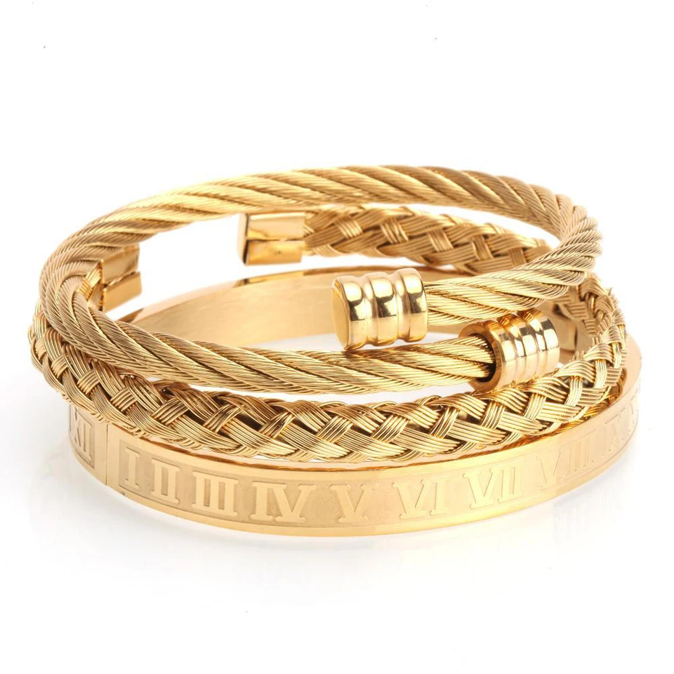 A Set of Gold 3 шт./компл. Горячая Для мужчин Титан Сталь римские браслет с цифрами Пряжка подковы браслеты в едином положении во время занятий легкой атлетикой, Bileklik Роскошные ювелирные изделия ручной работы - Окраска металла: A Set of Gold