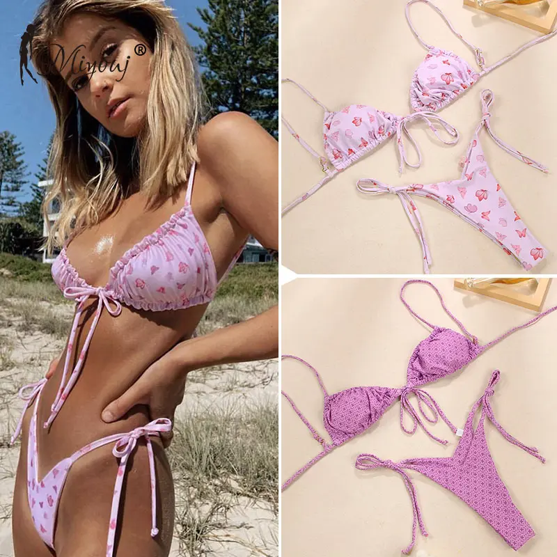 Miyouj-Bikinis con cuello Halter, microbañador de Tanga, traje de baño de 2 piezas de corte alto, conjunto de Bikini estampado, ropa de playa