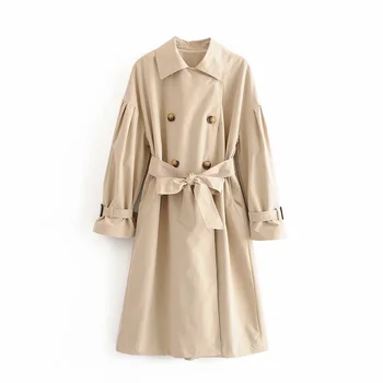 

2019 winter women's new Lapel lace up Lantern Sleeve double breasted with belt temperament light mature elegant medium windbreak