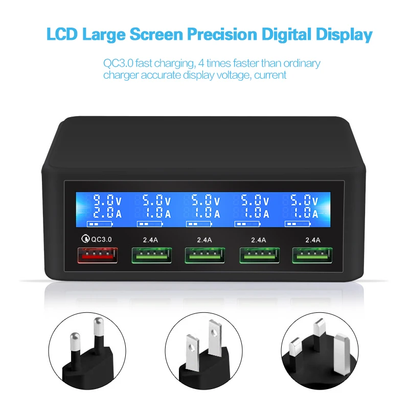 

QC 3.0 Quick Charge 5 Port USB LCD Display Multi Mobile Phone Charger Fast Wall Chargeur For iPhone Xiaomi Portatil Cargador