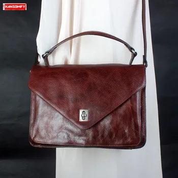 

New Women Handbag Retro Genuine Leather Business Briefcase Handmade Messenger Bag Female Shoulder Envelope Portable Bag Soft