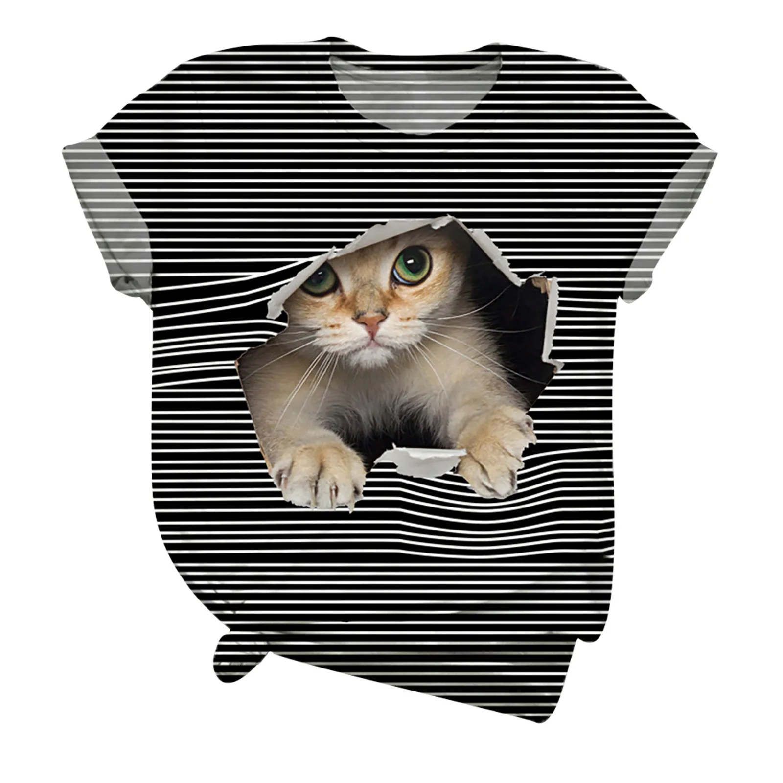 Camiseta Feminina Tee T-shirt Women Short Sleeve 3d Cat Animal Print Striped Casual Top T-shirt Ropa De Mujer футболка женская tees