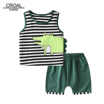 

CROAL CHERIE 2pcs Kids Boy T Shirt + Shorts Clothing Sets Dinosaur Beach Summer Vest Boys Tops Children's Sets Striped Tee