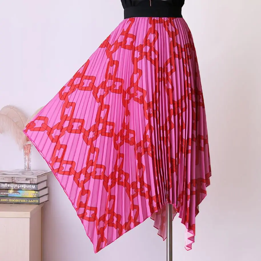 Летняя модная юбка с высокой талией с принтом Женская Асимметричная плиссированная юбка