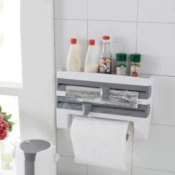 

New Kitchen Multi-Function Roll Dispenser Cling Film Tin Foil Cutter Storage Holder Free Punched Towel Paper Rack