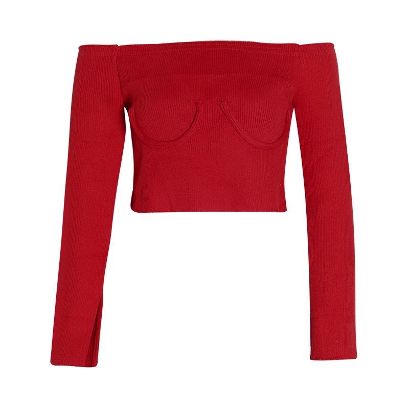 TWOTWINSTYLE Лоскутная Осенняя футболка с открытыми плечами Женская Раздвоенная вспышка рукав Slash Шея повседневные топы Женская мода Новинка - Цвет: red