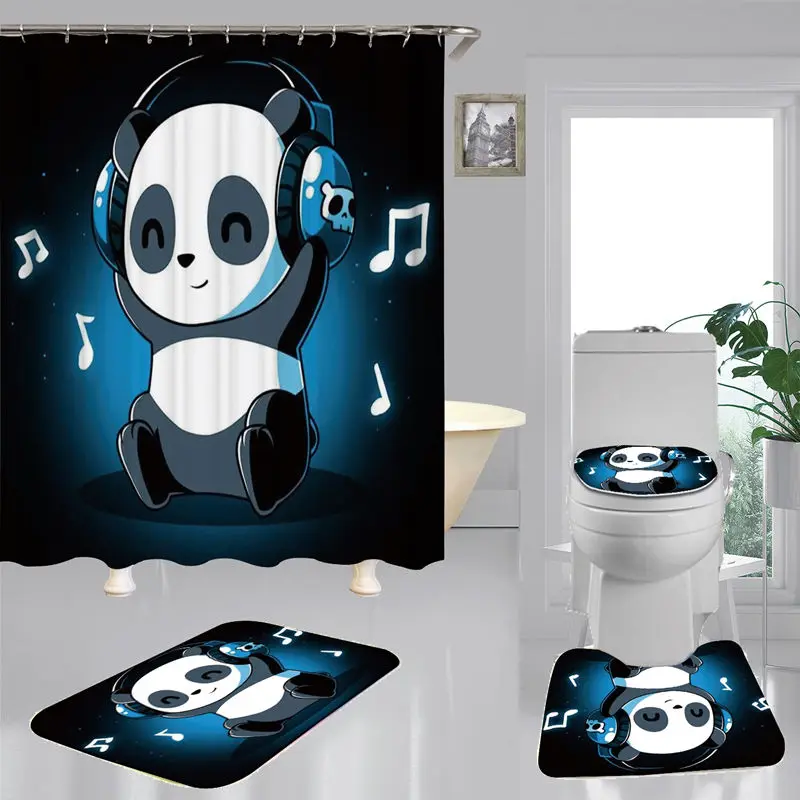 

Cartoon Panda Flannel Non-Slip Bath Mat Toilet Cover Rugs Shower Curtain With 12 Hooks Bathroom Decor Set