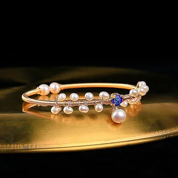 

Natural Freshwater Pearls Bracelets Copper Gold Color Blue Four-leaf Clover Personality Party Evening Bangles For Women Gift New
