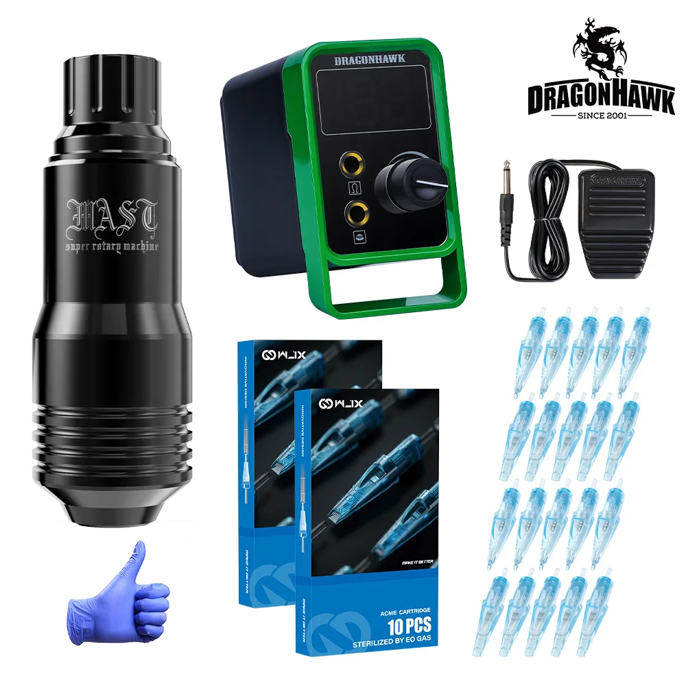 Dragonhawk Mast Tattoo Machine Set Kit Motor Rotary Makeup Pen Power Supply