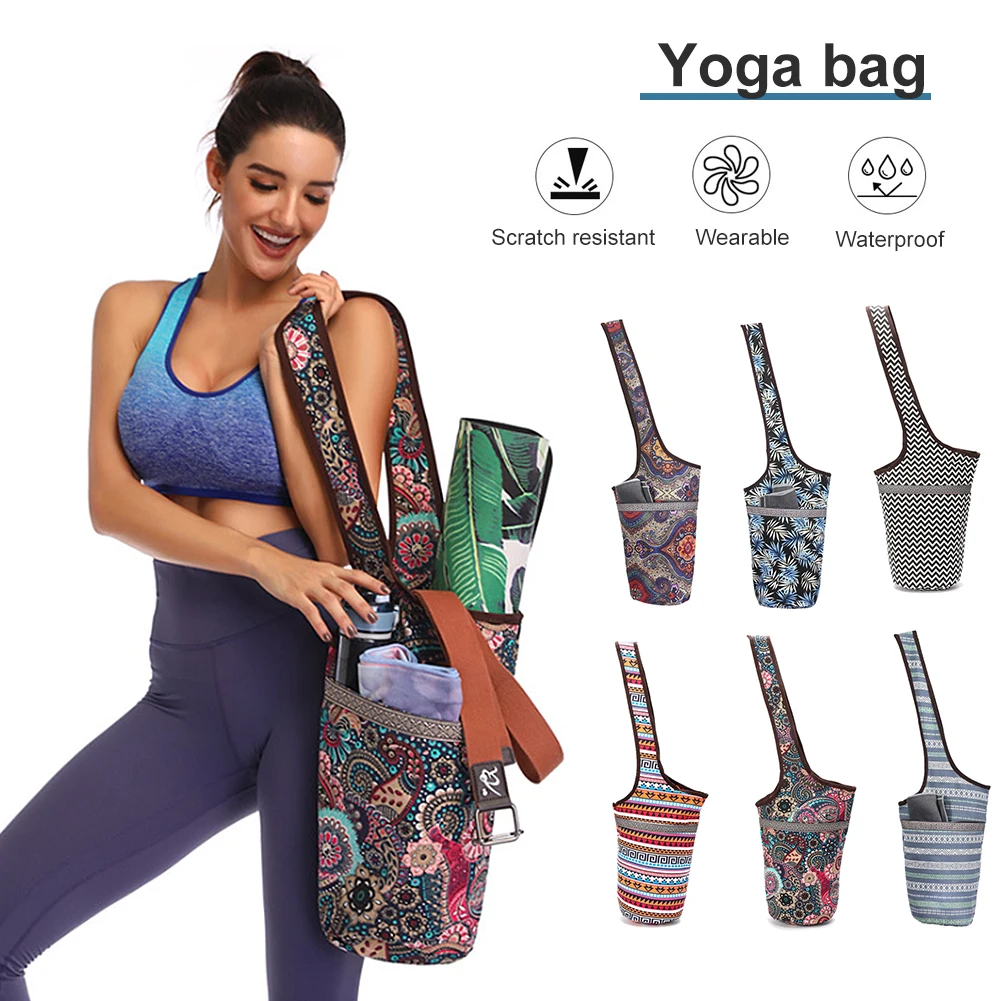 Fashion Yoga Mat Bag Printed Canvas Tote Bag Single Shoulder Washable Large Capacity Portable Zippered Pocket Yoga Mat Bag