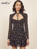 Black Long Sleeve Summer Chiffon Dress Women Halter Floral Print Low Cut Dresses Women's Women's Clothing