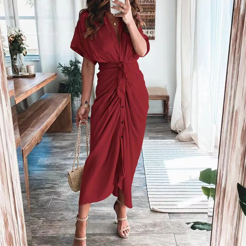 Women Summer Elegant Button Ruched Bandage Shirt Dress Fashion Casual Short Sleeve Solid V Neck Beach Maxi Dress sexy dress Dresses