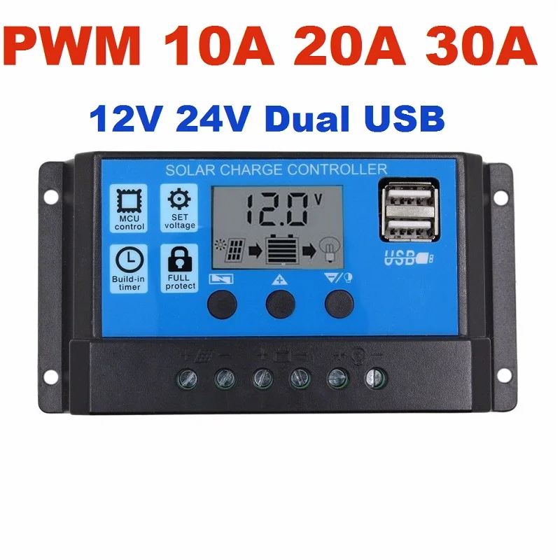 Контроллер заряда солнечной батареи 10A 20A 30A 12 В 24 режимы Auto PWM LCD Dual USB 5 выход панели