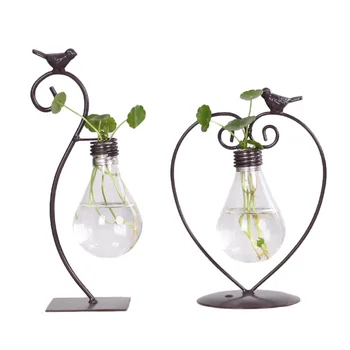

Vintage Iron Hydroponic Plant Container Light Bulb Vase Ornaments Wooden Glass Plant Vase Home Decor Desktop Flower Vases Gifts