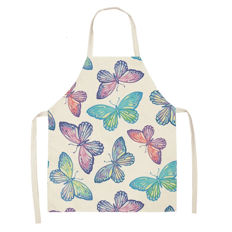 1PC Cotton Baking Waist Bib Linen Flower Butterfly Printed Kitchen Sleeveless Aprons Women Home Cooking Pinafore 53*65cm WQL0147 - Цвет: WQL0147-18