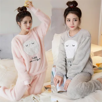 

Autumn & Winter Pajamas Women Long Sleeve Coral Velvet Flannel Cute Owl Cartoon Tracksuit WeChat