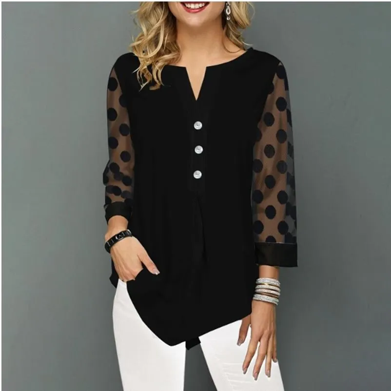 Shirt Blouse Plus Size 5xl Solid Black Tops V-neck Button splice Mesh Nine Points Sleeve Spring Summer Casual Loose Women Shirt