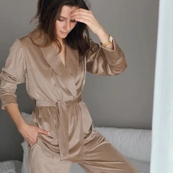 Khaki Velvet Women Robes With Sashes Long Sleeve Knitted Bathrobe Solid Sleepwear Female Home Suit Sets Winter Casual