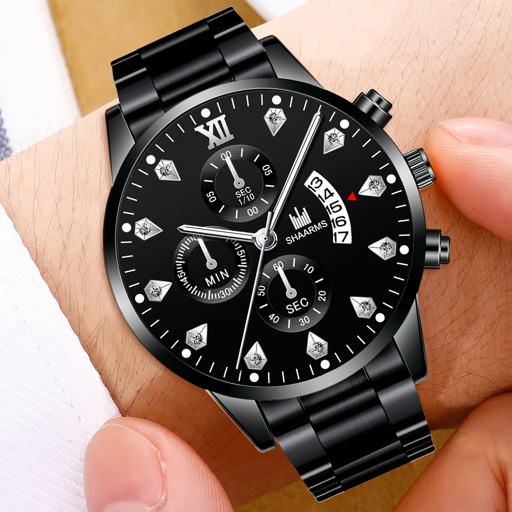 2021 Luxury Brand SHAARMS Alloy Strap Men's Watch Diamond Waterproof Quartz Watch for Men's Analog Three-eye Calendar Male Clock