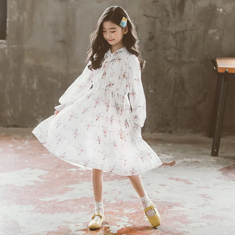 Желто-белые шифоновые Детские платья с принтом; Одежда для девочек; вечерние платья до колена с рукавами-лепестками; Детская осенняя одежда года для девочек