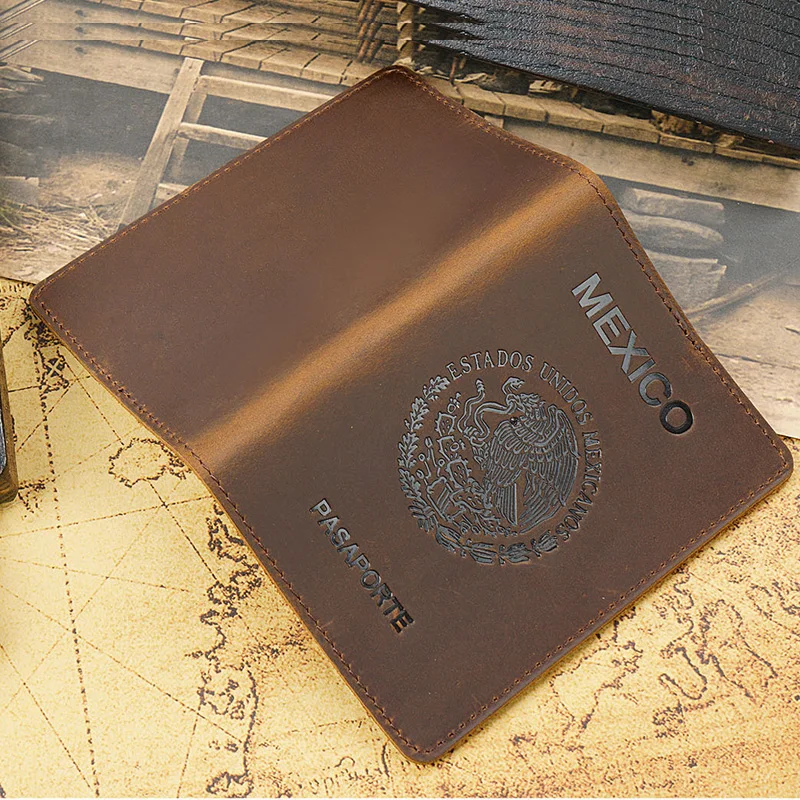 Персонализированная Обложка для паспорта из натуральной кожи в Мехико, бумажник для паспорта Crazy Horse, мужской чехол для паспорта в деловом стиле, для всей семьи