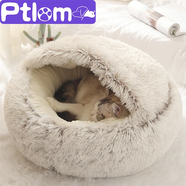 Winter Long Plush Pet Cat Bed Round Cat Cushion Cat House 2 In 1 Warm Cat Basket Cat Sleep Bag Cat Nest Kennel For Small Dog Cat 1