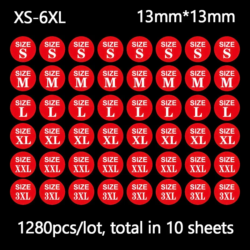 1280개 원형 스티커 시트, 자체 접착식 흰색 라벨 종이 스티커, 의류 및 립스틱용, S M L XL XXL 13mm 사이즈