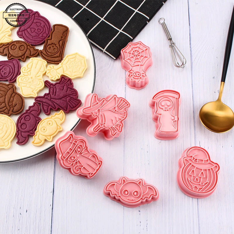 6pcs/set Halloween Biscuit Mold 3d Cartoon Frosting Fondant Cookie Plastic Bakery Mold Baking Tools Party Cake Decoration