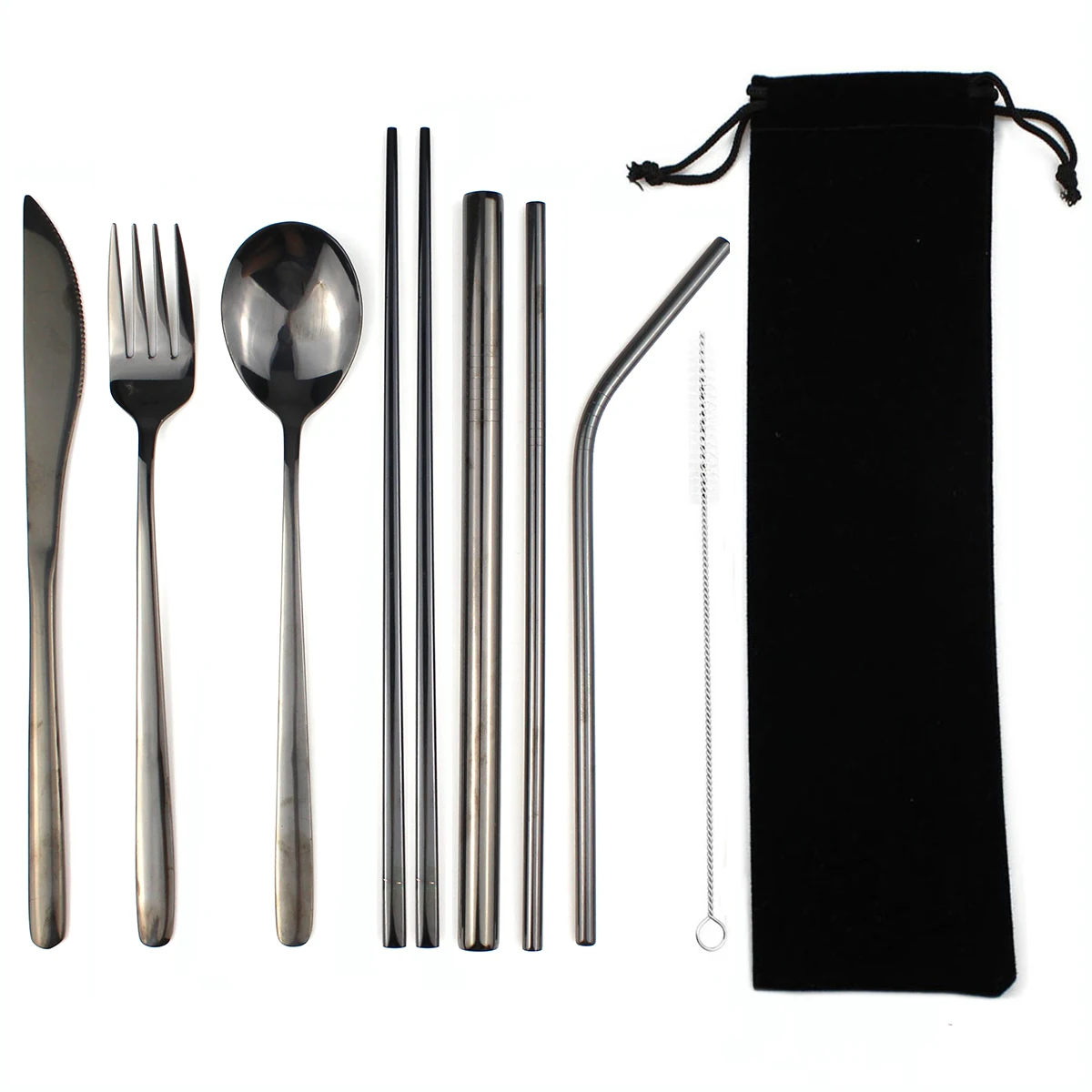 

8Pcs/Set Black Portable Dinnerware Cutlery Set 304 Stainless Steel Tableware Sets Knife Fork with Straw Bag Pouch Utensils Kit