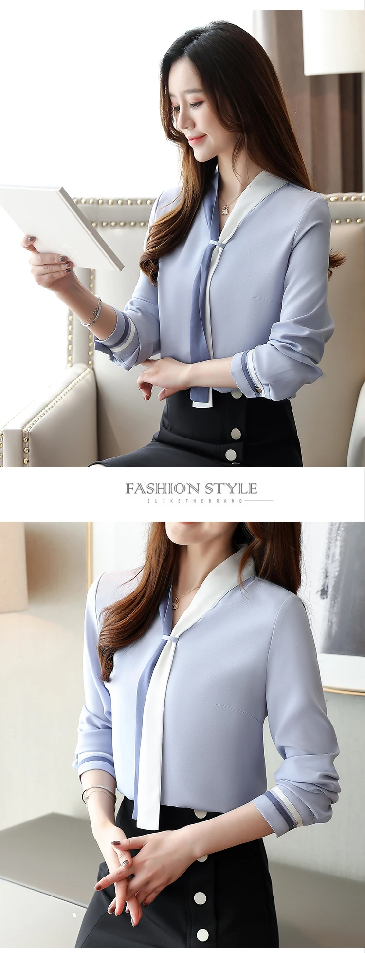 بلوزات شيفون نسائية كلاسيكية بأكمام طويلة ورقبة على شكل حرف V ، بلوزات فضفاضة ، ملابس غير رسمية ، أحادية اللون ، أنيقة ، مكتب ، خريف