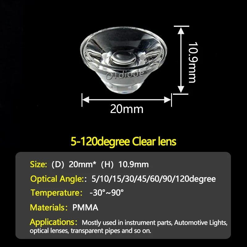Description Picture 3 of itemLED Lens 20mm 1W 3W 5W Optical PMMA Flat Transparent Clear Lenses 5 10 15 30 45 60 90 120 Degree For 1 3 5 Watt High Power LED