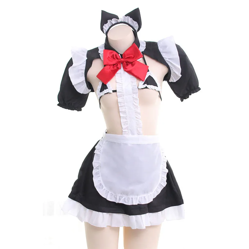 

Sexy Anime French Maid Costume Cute Cat Cosplay Lingerie Set Lace Uniform Micro Bikini Set Japan Lolita Halloween Fancy Dress