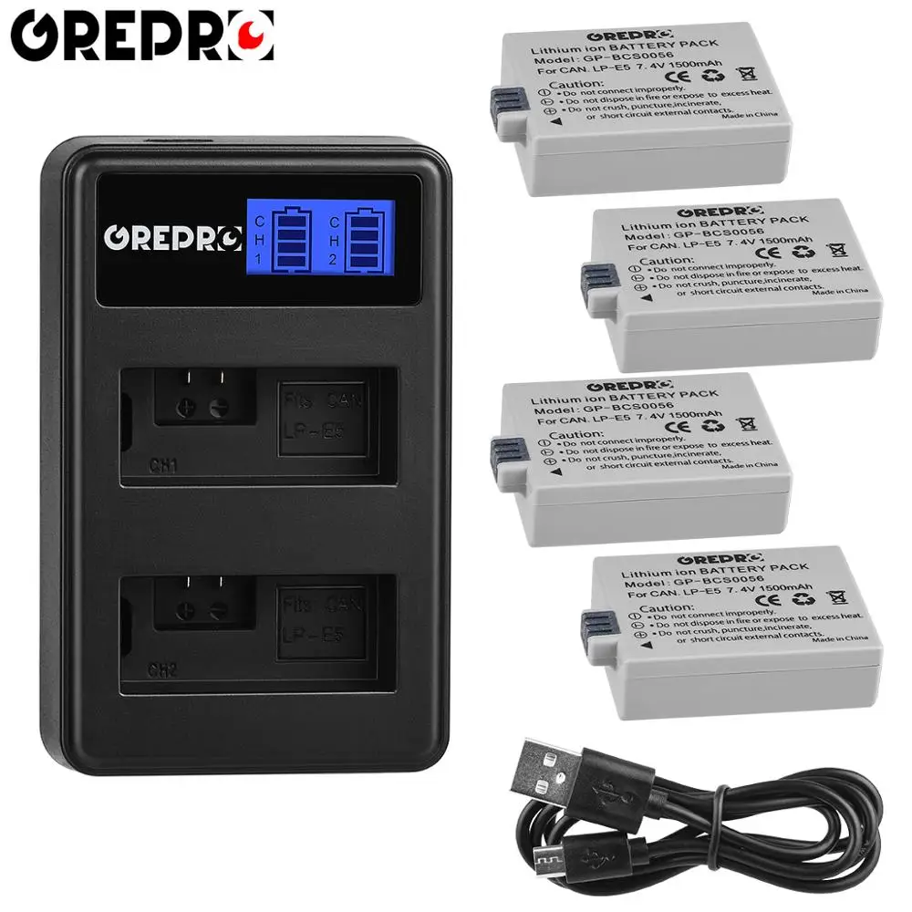 GREPRO 1500 мАч LPE5 LP-E5 LP E5 цифровой аккумулятор+ ЖК USB двойное зарядное устройство для Canon 1000D 500D 450D Kiss X2 X3 F Rebel XSi Xli XS - Color: 4B with charger