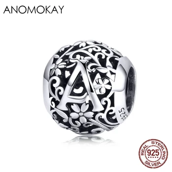 

Anomokay Vintage 925 Sterling Silver Alphabet Letter A Round Beads fit Name Customied Bracelet 925 Silver Charm for DIY Jewelry