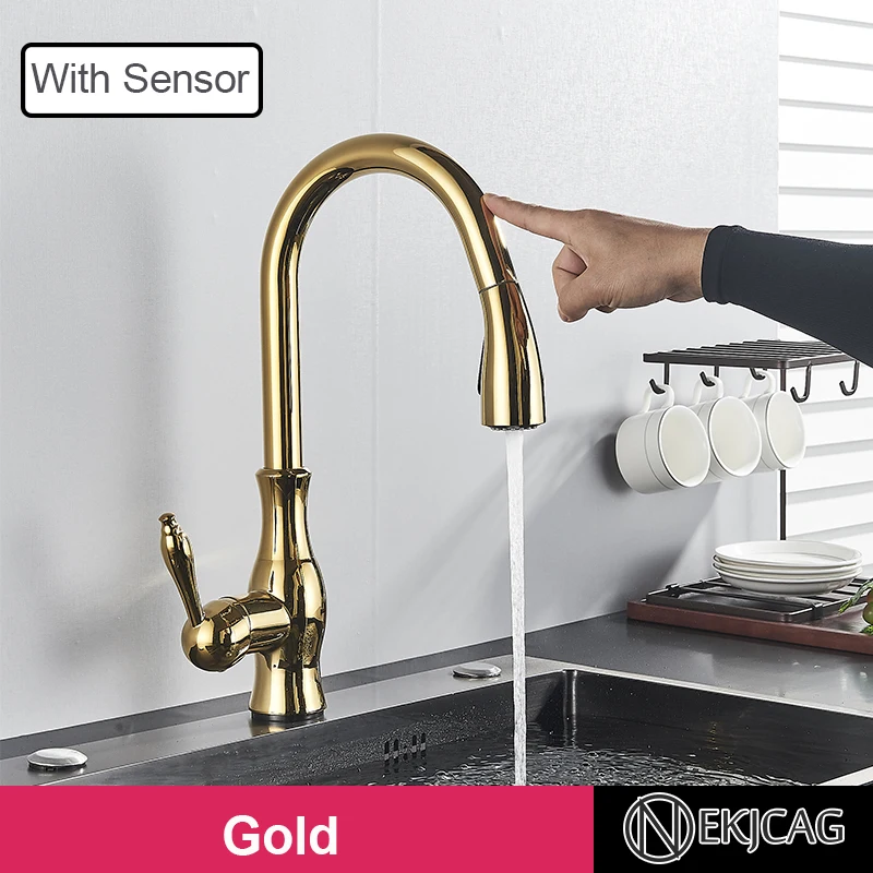 Polished Gold Sensor Kitchen Faucet 360 Rotation Pull Out Spary Single Handle Cold Hot Mixer Tap Sensitive Touch Sink Crane white undermount kitchen sink Kitchen Fixtures